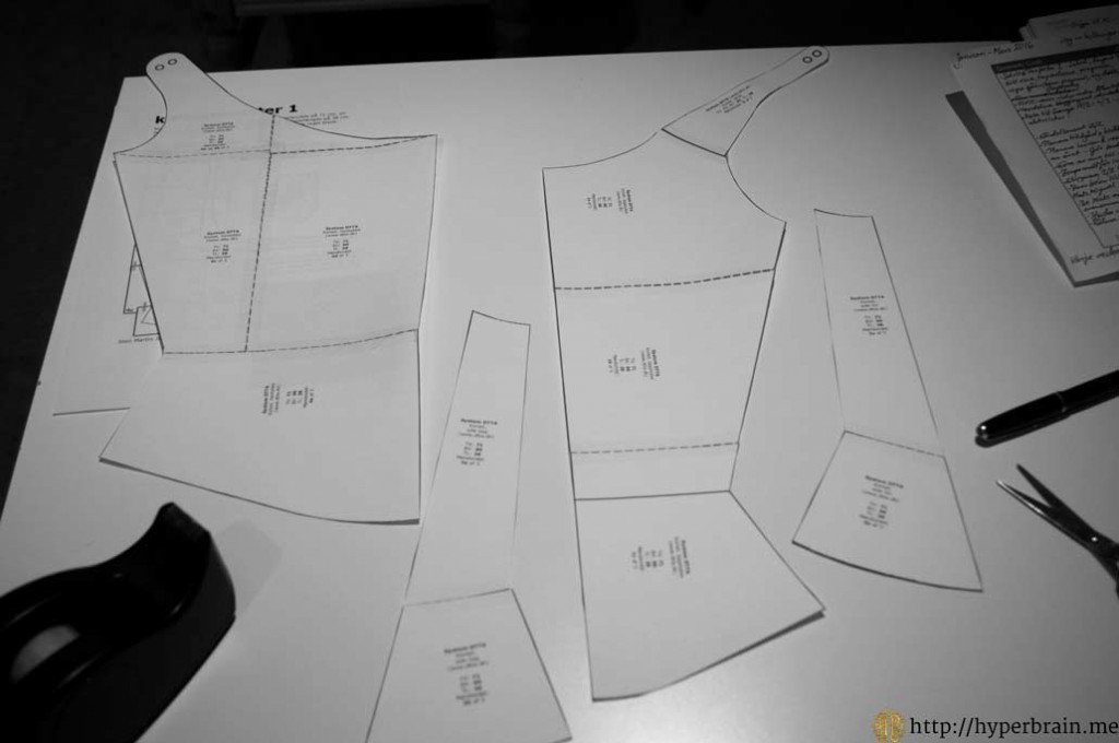 Corset pattern with all pieces taped together.